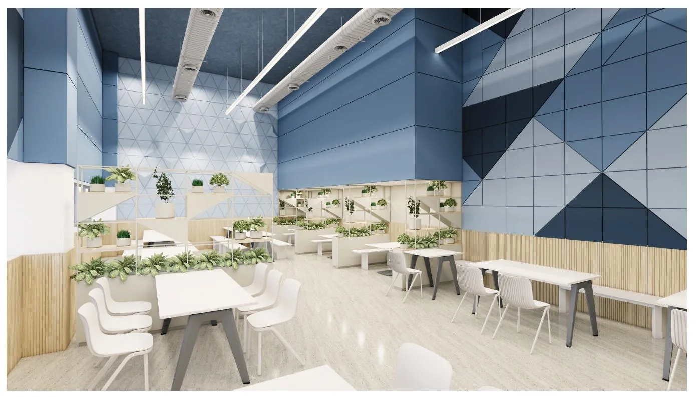 Canteen with planters and feature ceiling
