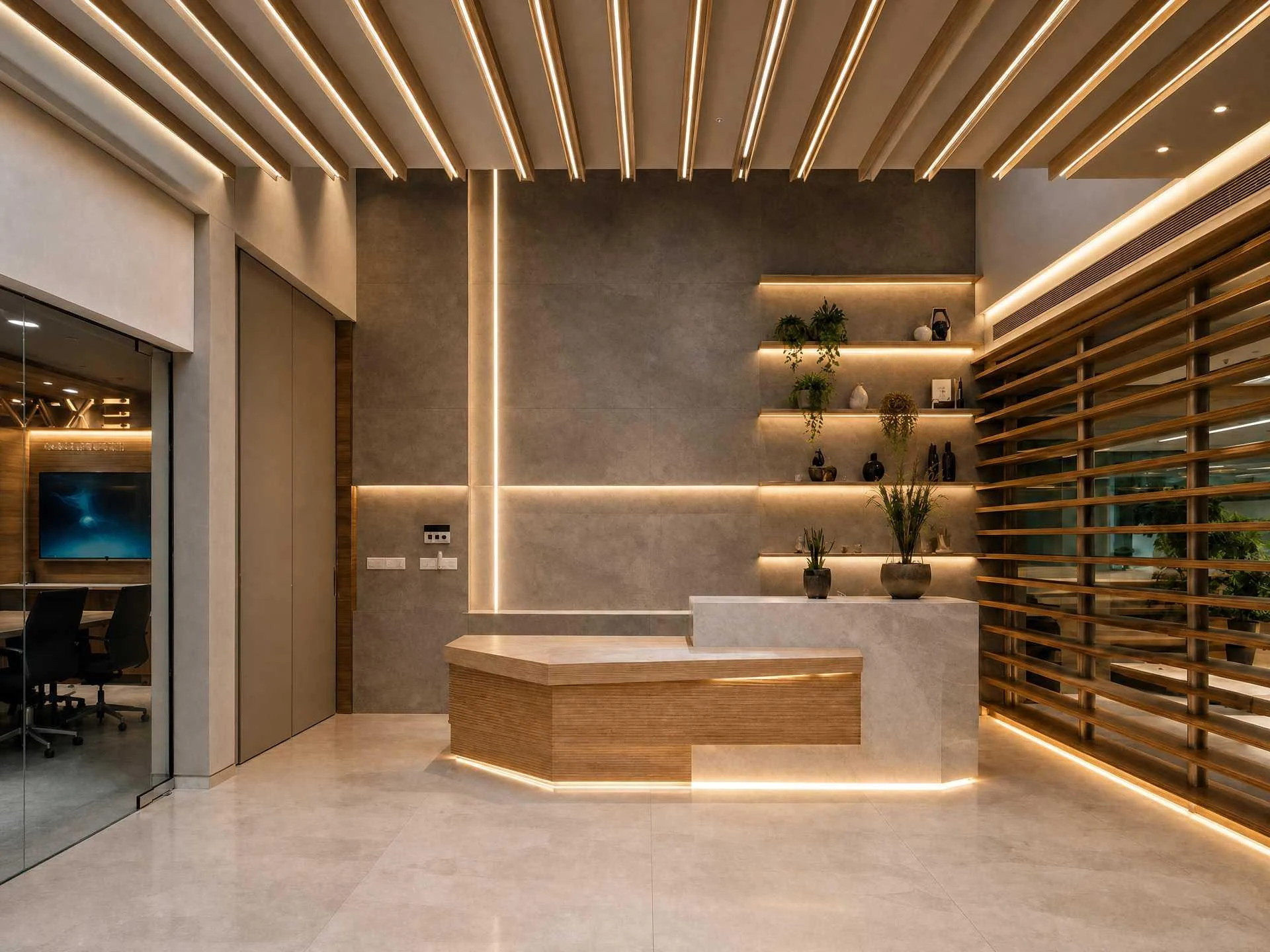 Reception with a sculptural timber ceiling and an illuminated stone desk